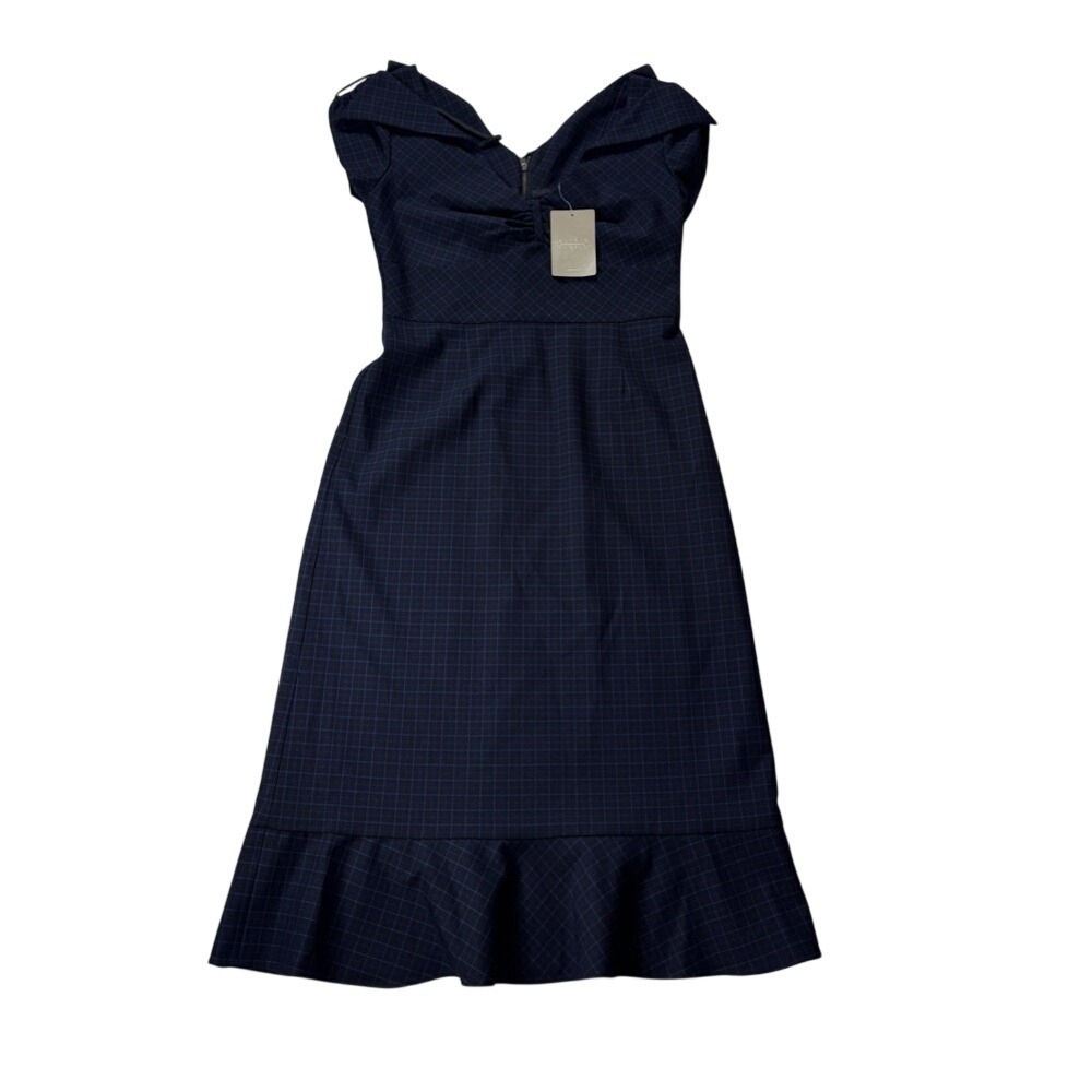 Maeve Anthropologie Navy Blue Grid Plaid Midi Dress Flounce Hem Ruched‎ Sleeve 0